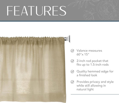 Elrene Home Fashions Cameron Linen Window Valance, 60" W x 15" L (1 Valance)