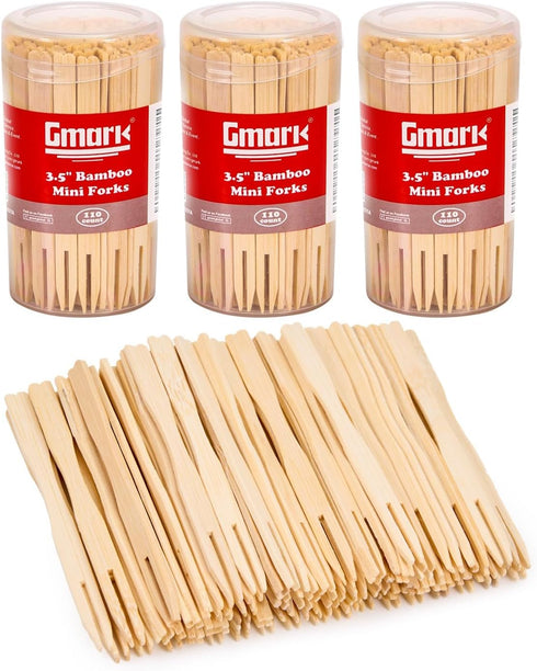Gmark Bamboo Mini Forks 3.5 Inch, 330pc Bamboo Fruit Picks & Cocktail Forks for Appetizer, Dessert