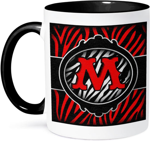 3dRose Wicked Red Zebra Initial Letter M Mug, Two Tone, 11 oz, Black/White