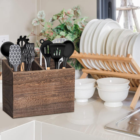 Wooden Kitchen Utensil Caddy With 2 Compartments, Rustic Kitchen Utensil Holder for Kitchen Countertop, Wood Utensil Crock Organizer Box for Farmhouse Kitchen Decor (brown) by RJMKD