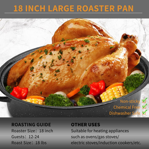 JY COOKMENT 18” Granite Roaster Pan with Domed Lid, Oval Turkey Roaster Pot for Turkey, Chicken, Lamb, Dishwasher Safe
