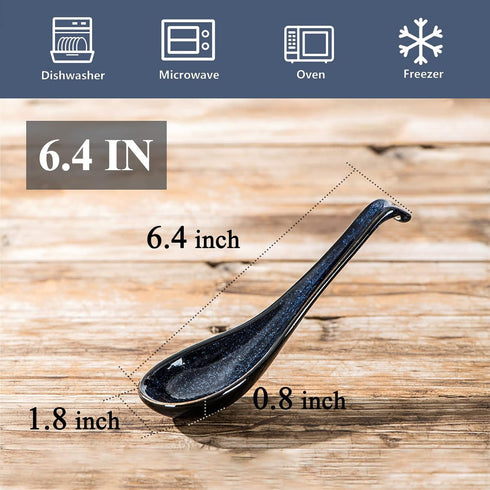 Vicrays Set of 6 Ceramic Soup Spoons, 6.4 Inch Asian Porcelain Ladle Utensils for Ramen, Dumplings, Pho, Miso (Blue)