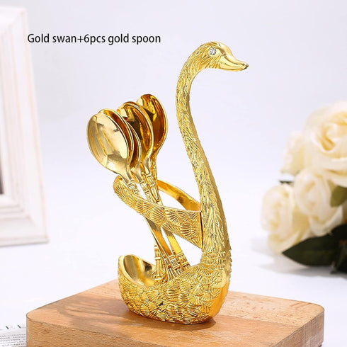 6pcs Coffee Spoon Set, Stainless Steel Mini Dessert Teaspoons with Swan Base Holder, Gold