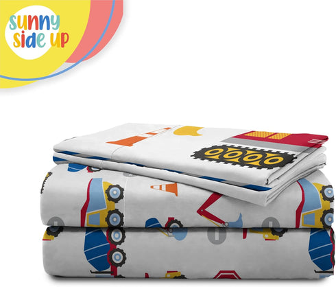 Set 4 Set Sunny Side Up Construction Zone Full Sheet - Piece Kids Bedding Includes Pillow Cover - Super Soft Trucks