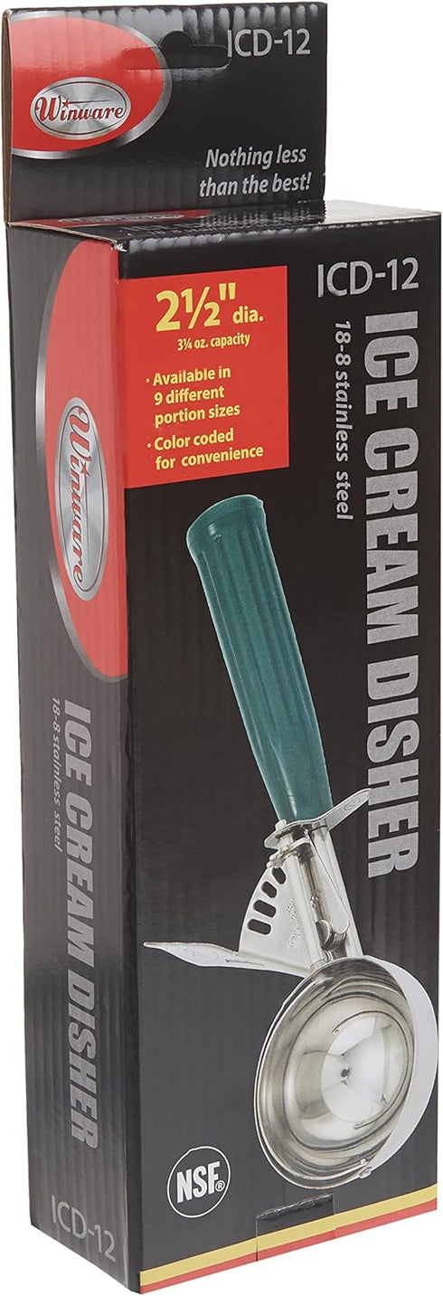 Winco No.12 Ice Cream Disher, Green, with Plastic Handle, ICD-12
