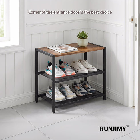 3-Tier Closet, 6 Wooden Shoe Rack with Metal Mesh Shelves - for Entryway, Hallway & Bedroom Holds Pairs, Ideal