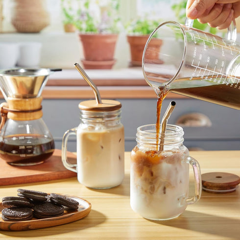 16 oz Set 2, DRASTAR Iced Coffee Cup, Mason Jar Cups with Handle, Small Glass Coffee Mugs with Straws and Acacia Lids