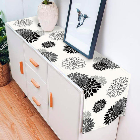 13 36 Inch Black Gray Table Runner Dahlia Pinnata Flower Beige Table Runners Modern Elegant Pompon Farmhouse Geometric