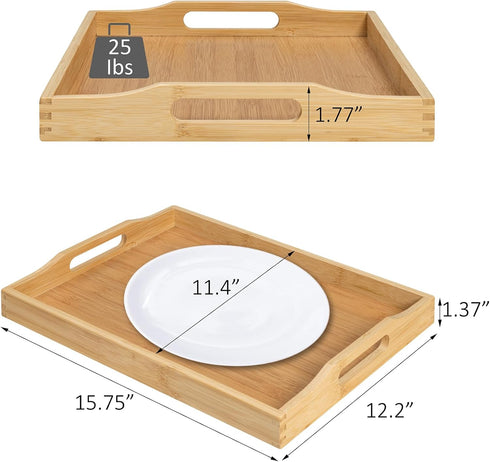 Counter, Bamboo Food Serving Tray with Handles, Breakfast Bed Tray for Tea,Snack,Dinner, Home Decorative Storage Food