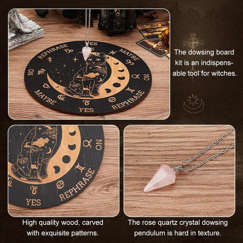 Wooden Pendulum Board 7.9" - Cat Moon Witch Dowsing Divination Planchette Board with Healing Crystal Necklace
