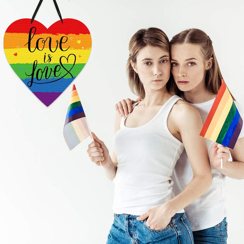Jetec 2 Pieces Rainbow Pride Sign, "Everyone is Welcome Here" & "Love is Love" Wood Hanging Decoration