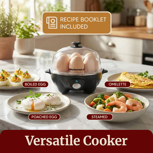 EGC-007B# 7 16-Recipe Elite Gourmet Rapid Egg Cooker, Easy-To-Peel, Hard, Medium, Soft Boiled Eggs, Poacher, Omelet