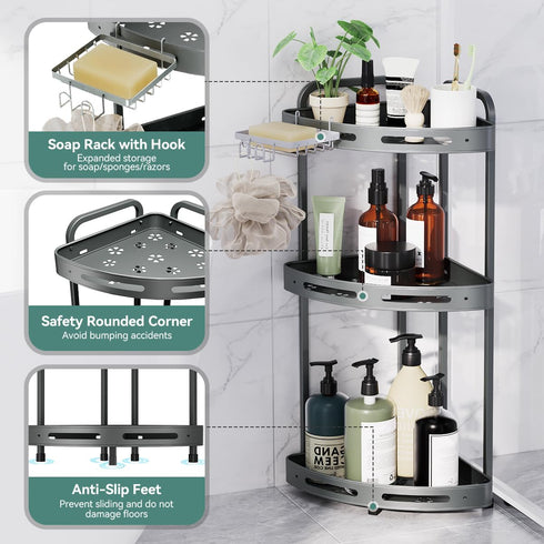 3 Corner Shower Caddy Standing, Tier Shower Organizer Stand with Soap Holder, Rustproof Shower Shelves for Bathroom
