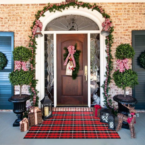 Christmas Outdoor Rug Doormat 2' x 4.3', Black/Red Buffalo Plaid Cotton Hand-Woven Welcome Layered Door Mats