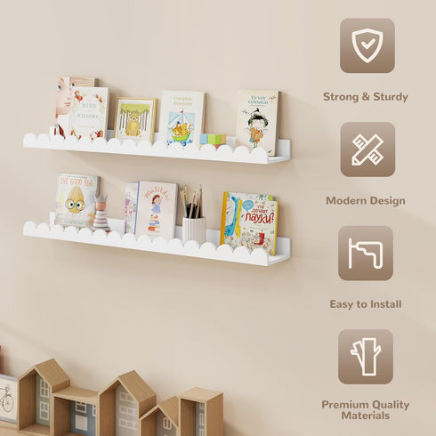 32 Inch Set 2, Fun Memories White Floating Shelf, Scalloped Picture Ledge for Nursery, of Wall Mounted Book Shelves