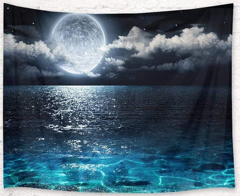 LB Moon Over Ocean Tapestry, Night Sky Wall Hanging, 3D Fantasy Psychedelic Watercolor Art for Bedroom Living Room, 60