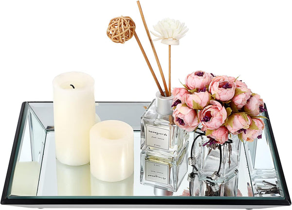 Hipiwe Glass Mirror Makeup Vanity Tray Black Rectangle Perfume Jewelry Trinket Organizer Coffee