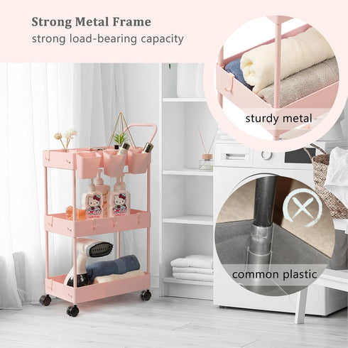 3 danpinera Slim Storage Cart, Tier Narrow Rolling Cart on Wheels Bathroom Organizer with Dividers Handle Hanging Cups
