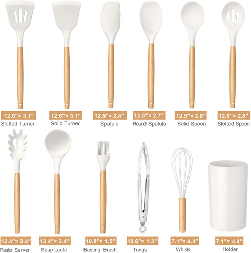 TeamFar Cooking Utensils Set, 12 Pcs Silicone Kitchen Gadgets Utensil Set for Nonstick Cookware with Wooden Handle, Spatula Spoon Turner, Non-Toxic & Non-Stick, White by TeamFar