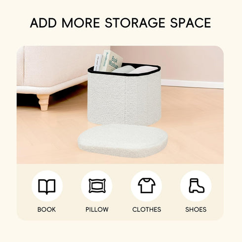 16.1"x12.2"x12.2" PINPLUS Storage Ottoman Boulce Tufted Oval Small Ottomans Bench Foot Rest with Storage, (White)