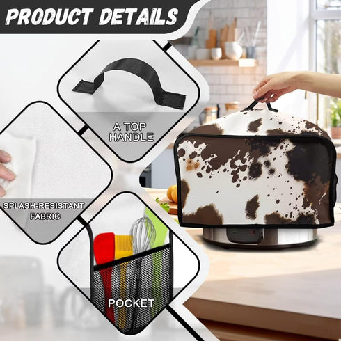 Brown Cow Print Slow Cooker Dust Cover with Side Mesh Pocket, Dustproof Protector for 6, 7 or 8 Quart Crock Pots