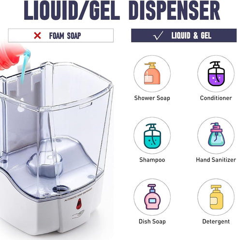 600ml Commercial Bathroom,White-600ml Soap Dispenser Wall Mount, Automatic Hand Sanitizer Dispenser Gel n Liquid