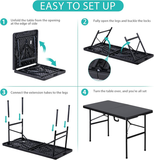 4ft ZENY Portable Folding Table Plastic Indoor Outdoor Picnic Party Camp Dining Table with Handle, Black