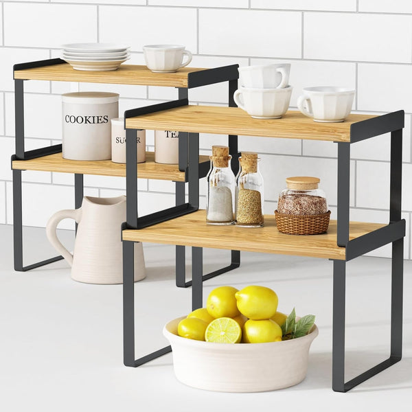 Kitchen Cabinet Organizer Shelves, Set of 4 Expandable Counter Shelf Rack for Plates, Dishes, and Mugs (Bamboo, Black)