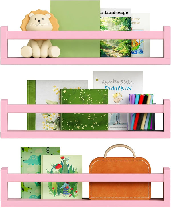 Harwaya Pink Nursery Floating Shelves for Wall Set of 3, Baby Girls