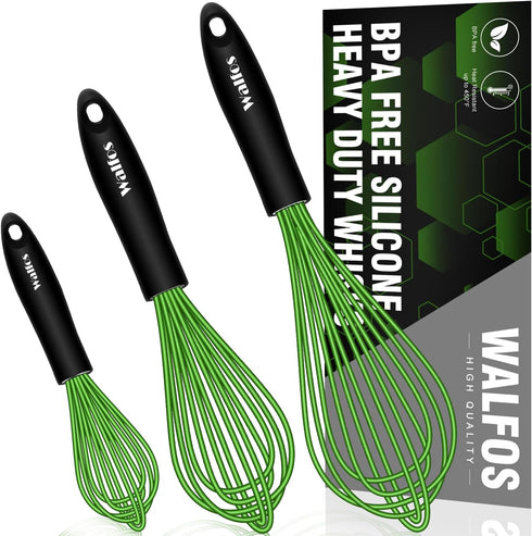 Walfos Silicone Whisk, Rubber Whisks for Cooking, Baking (11, 9, 8.5 inch) - Heat Resistant Kitchen Whisks for