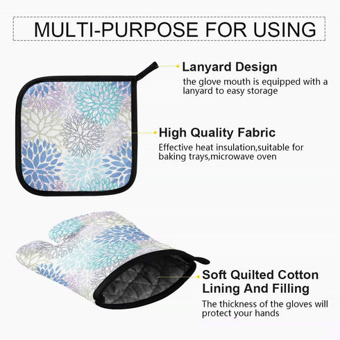 Dahlia Flower Oven Mitts and Pot Holders Set, Heat Resistant Non-Slip Daisy Sunflower Oven Gloves for Cooking Baking BBQ