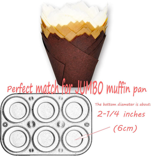 (JUMBO EXTRA LARGE) Natural+Brown+White Tulip Baking Cups, 130 pcs Greaseproof Paper Liners