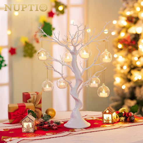 NUPTIO Set of 12 Hanging Glass Globe Candle Holders with LED Tea Lights - 2.36 inch Clear Votive for Party Decoration