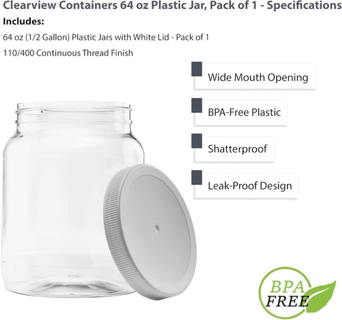 Plastic Storage Jars with Leak Proof Lids - BPA Free, 64oz, 1PK White