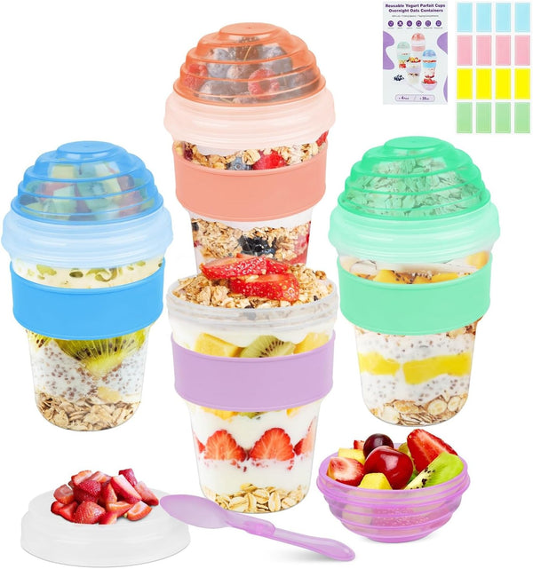 Torchero Yogurt Parfait Cups with Lids Reusable - 4 Pack 20 oz Overnight
