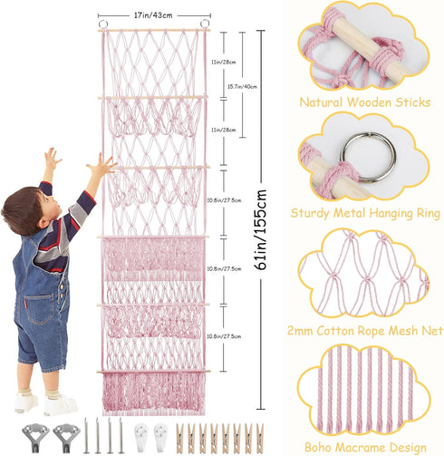 5 17x61 Inch Tier Stuffed Animal Storage Shelf Net, Large Plushie Net w/LED Light & Clips for Mini Medium Stuffy Teddy