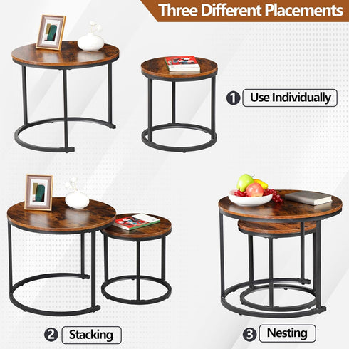 Set 2 SUPER DEAL Small Round Coffee Tables for Living Room Apartment, of Industrial Nesting Side End Table w/Wooden
