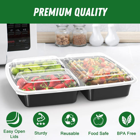 50 Pack (100-Piece) 32 oz 3-Compartment, Meal Prep Containers Reusable with Lids To Go Take Out Plastic Food Storage