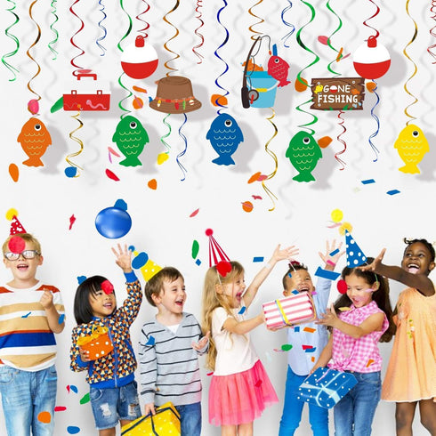 30CT Gone Fishing Party Decorations - Fishing Banner & Hanging Swirl Ceiling Streamers for Baby Shower Supplies