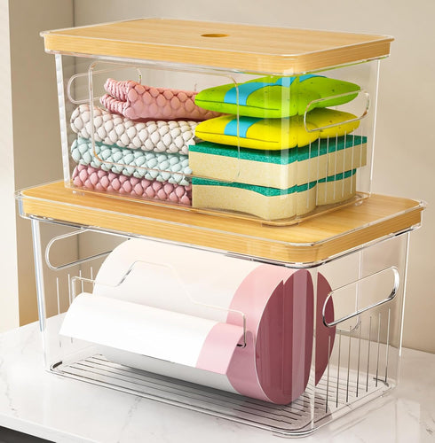 FELIZHOUSE 2 Pack Trash Bag Holder with Bamboo Lid, Stackable Garbage Bag