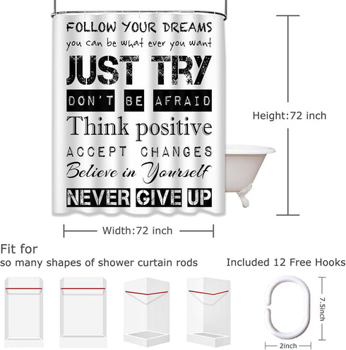 Emvency Inspirational Shower Curtain - Positive Quotes for Kids Boys, Waterproof Polyester Fabric 72 x 72 inches