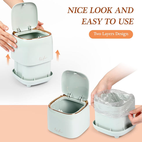 Mini Countertop Trash Can with 12 Rolls of Trash Bags, Tiny Desk Trash Can with Press Type Lid for Bathroom Vanity