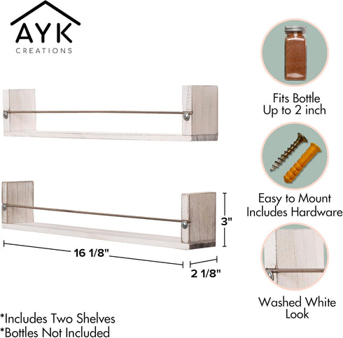 Farmhouse Kitchen Decor Wall Mounted Spice Rack w/ 2 Shelves in Washed White - Farmhouse Spice Rack - Wooden Spice Rack - Wood Spice Rack - Spice Wall Shelf - Wooden Spice - Wooden Spice Rack Shelf