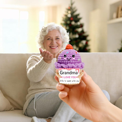 MLZTINGR Crochet Ice Cream Gift for Grandma Handmade Positive Knitted Ice Cream Doll, Sweet Birthday for Grandma from