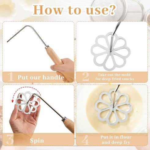 7 Pcs Achappam Mold Bunuelos Mold with Handle, Aluminum Rosette Maker Set for Interchangeable Head Kitchen Baking, 6