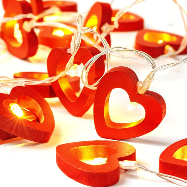Mudder Valentine's Day Fairy String Lights, 10 ft 20 LED Wooden Heart Red Pink String Lights for Valentine Wedding
