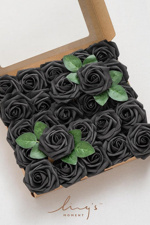 Ling's Moment 25Pcs Artificial Black Roses Decor with Stems, 3" Real Touch DIY Foam Floral for Wedding Bouquets