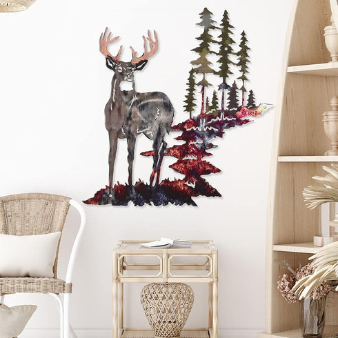 Forest Tree Deer Wall Art, Rustic Metal Hunting Decor for Living Room Bedroom, 11.8 x 7.9 Inch