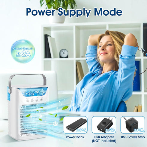 USB Powered Air Conditioner Fan, 700ML Automatic Timing Portable Cooler Humidifier with 7 Color Night Light, 3 Wind