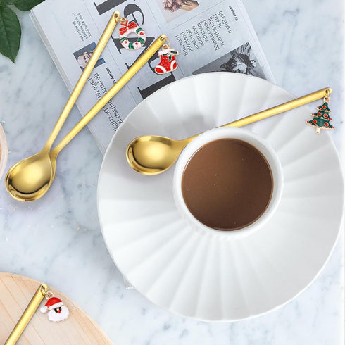 Christmas Coffee Spoons Set, 6 Pieces Gold Silverware Small Stainless Steel Flatware for Festive Daily Kitchen
